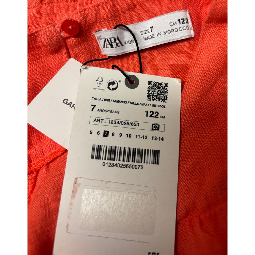 Zara Girls Linen Dress Orange Flutter Sleeve Ruffle Hem Summer Size 7 NWT New - Picture 6 of 7